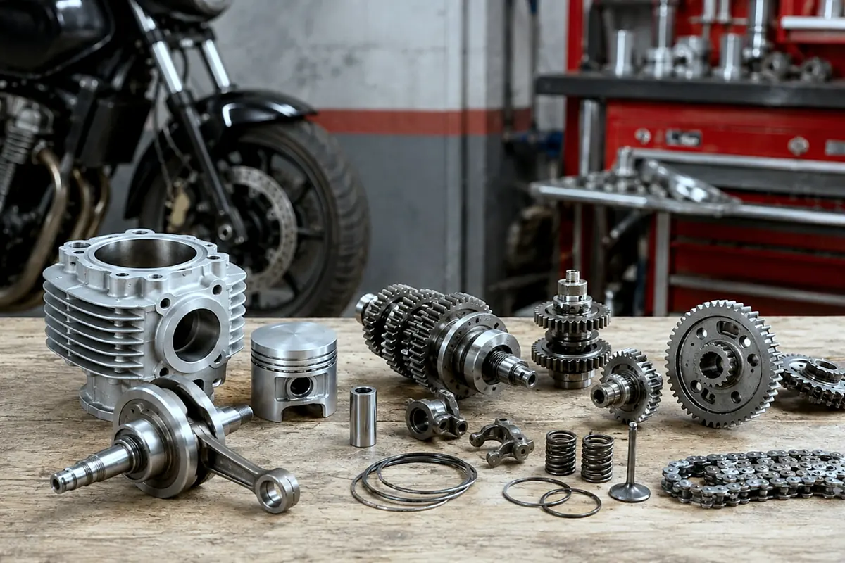 A stripped motorcycle engine on a bench: crankshaft, piston, gearsets and chains