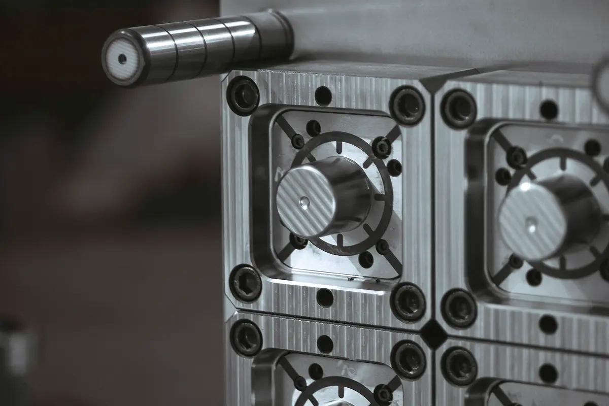 A four cavity steel injection mold block with polished cavities